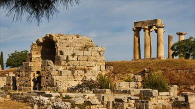 Golden light of the setting sun on the ancient temple ruins, Archaeological site, Archea Korinthos,