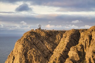 Steel globe at the North Cape in the evening light, Nordkapp, Finnmark, Norway, Europe