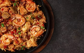 Jambalaya, Creole dish, American pilaf, rice with chicken and shrimp, vegetables, homemade, no