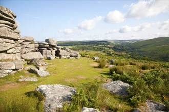 Granite upland landscape at Combestone Tor, near Hexworthy, Dartmoor national park, Devon, England,