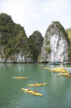 Yellow kayaks at a jetty and the karst rocks in Lan Ha Bay, Halong Bay, Vietnam, Asia