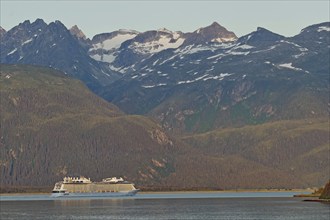 A cruise ship in front of high mountains, Inside Passage, Lynn Channel, Skagway, Alaska, USA, North