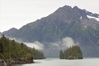 Temperate coastal rainforest, dense clouds and mountains, Valdez, Alaska, USA, North America