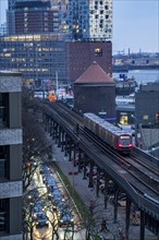 Port of Hamburg, elevated railway runs along the Elbe promenade, from, to Landungsbrücken station,