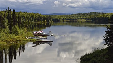 Seaplane Beaver de Havilland stands on the shore of a crystal-clear lake and is reflected in the