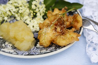 Swabian cuisine, elderberry cakes with apple sauce, Hollerkiacherl, elderflowers in pastry,