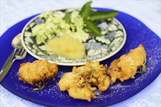 Swabian cuisine, elderberry cakes with apple sauce, Hollerkiacherl, elderflowers in pastry,