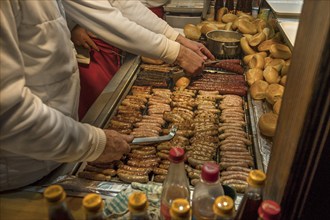 Nuremberg sausages at the Christkindlesmarkt, Nuremberg, Middle Franconia, Bavaria, Germany, Europe