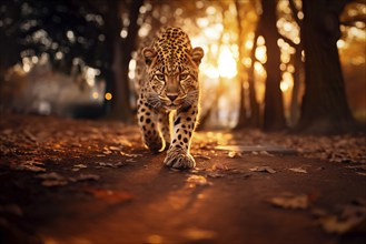 Baby leopard walking with confidence during the golden hour, showcasing its spotted fur and