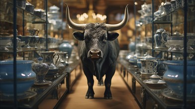 Very large bull with horns in a China shop filled with glassware. generative AI, AI generated