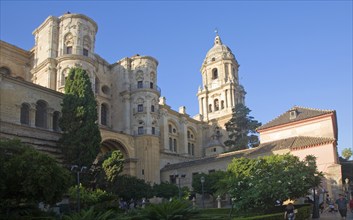 Bell tower Baroque architecture exterior of the cathedral church of Malaga city, Spain, Santa