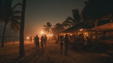 Young adult friends with tropical drinks enjoy the sunset on their vacation, generatvie AI, AI