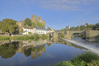 Old Lahn bridge built 1448 with castle built 12th century, Lahn valley, reflection, historic stone