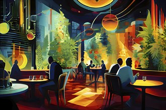 Abstract composition of a cannabis cafe with ambiance bold contrasting colors and playful shapes,