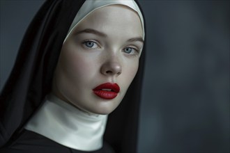 Face of young woman with red lipstick and christian nun habit with veil. Generative Ai, AI