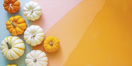 Banner with orange and white pumpkins on multicolored background with copy space. Generative Ai, AI