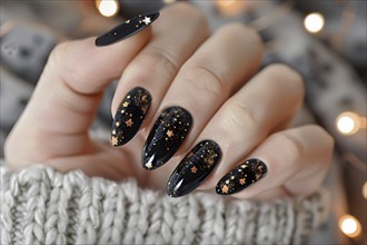 Woman's fingernails with Halloween nail polish art design with golden stars on black base.