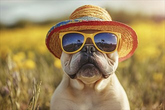 Funny fawn French Bulldog dog with sunglasses and summer straw hat in front of meadow. Generative