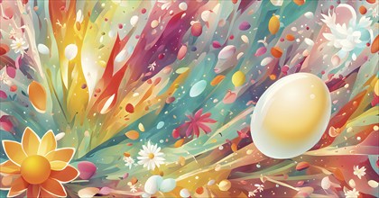 An energetic, abstract explosion of spring colors with egg and flower motifs subtly integrated,