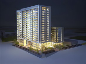 Three dimensional rendering of an illuminated modern high-rise office building, AI generated