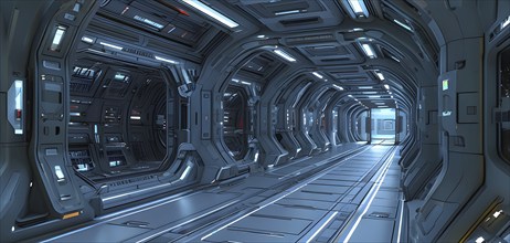 Three dimensional render of futuristic corridor inside a spaceship or space station, AI generated