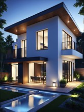 Three dimensional rendering of an illuminated modern ecological real estate residential house, AI