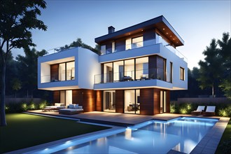 Three dimensional rendering of an illuminated modern ecological real estate residential house, AI