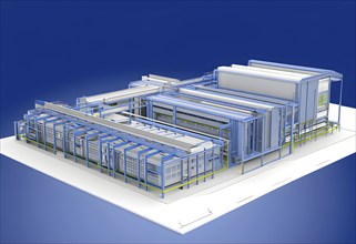 Three dimensional rendering of a model of a modern factory, AI generated