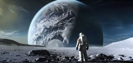 An astronaut stands on a lunar-like surface gazing at an immense planet rising, AI generated