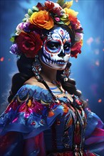 Woman in an extravagant dia de los muertos costume and a vibrant face makeup, AI generated