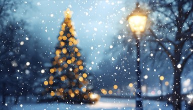 Christmas Eve with snowflakes fall under the light of a streetlamp with a decorated tree in the