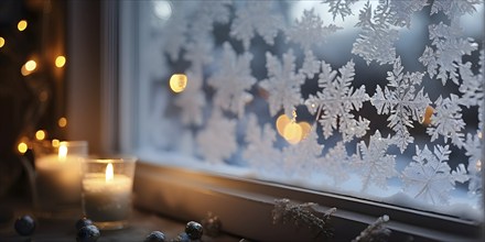 Snow-covered window with frost patterns, candlelight softly glowing through the glass, and warm,