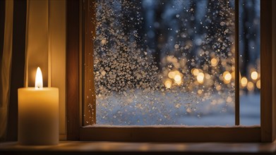 Snow-covered window with frost patterns, candlelight softly glowing through the glass, and warm,