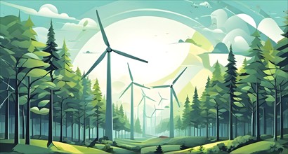 Abstract illustration of a forest with tall, geometric trees made of wind turbine blades, merging