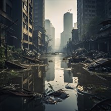 Flooded cityscape reflecting on murky waters, AI generated