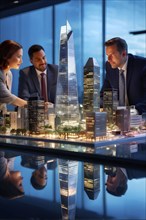 Business professionals engaged with a scale model of a modern skyscraper, AI generated