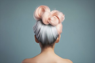 Back view of woman with pastel blue and pink hair. KI generiert, generiert AI generated