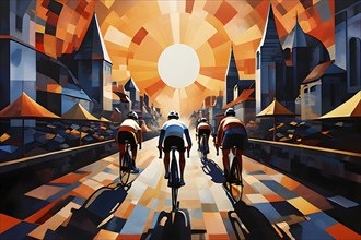 Abstract cyclists in paris olympic games blurring across a canvas infused with geometric patterns,