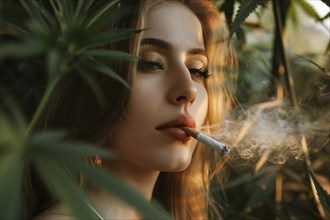 Attractive young woman smoking a joint cigarette between marihuana plants. KI generiert, generiert,