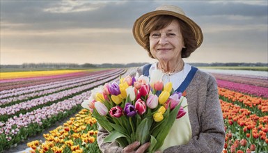 A smiling elderly woman with a hat holds a colourful bouquet of tulips, wide field in the soft