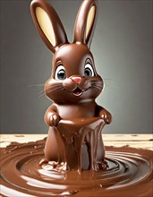 Cute funny little chocolate Easter bunny bathing in melting chocolate, AI generated, AI generated