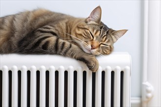 Cat sleeping on heating radiator. KI generiert, generiert, AI generated