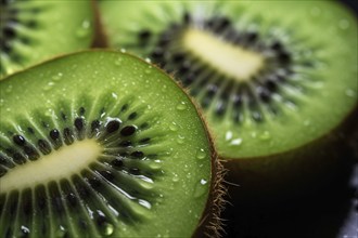 Close up of cut open kiwi fruit with water drops. KI generiert, generiert AI generated