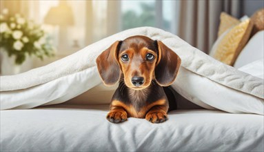 Dachshund (Canis lupus familiaris), cute puppy lying on bed under blanket in bedroom, dog breed,