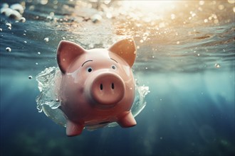 Piggy bank drowning in water. Concept for lost savings or economy recession. KI generiert,