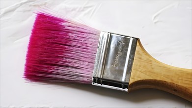 Thick paintbrush dipped in magenta bristles dripping onto a white background, AI generated