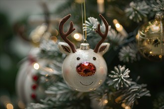 Cute Christmas tree bauble with reindeer face on tree. Generarive Ai, AI generated