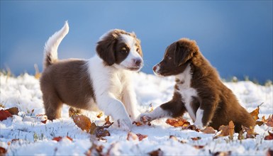 KI generated, dog, dogs, puppy, one, two, three, play, snow, winter, autumn leaves, blue sky,