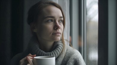 Contemplative young girl sitting next to the window as snow and rain falls outside, generatvie AI,