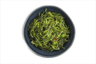 Chuka seaweed salad in blue ceramic bowl isolated on white background. Top view, flat lay